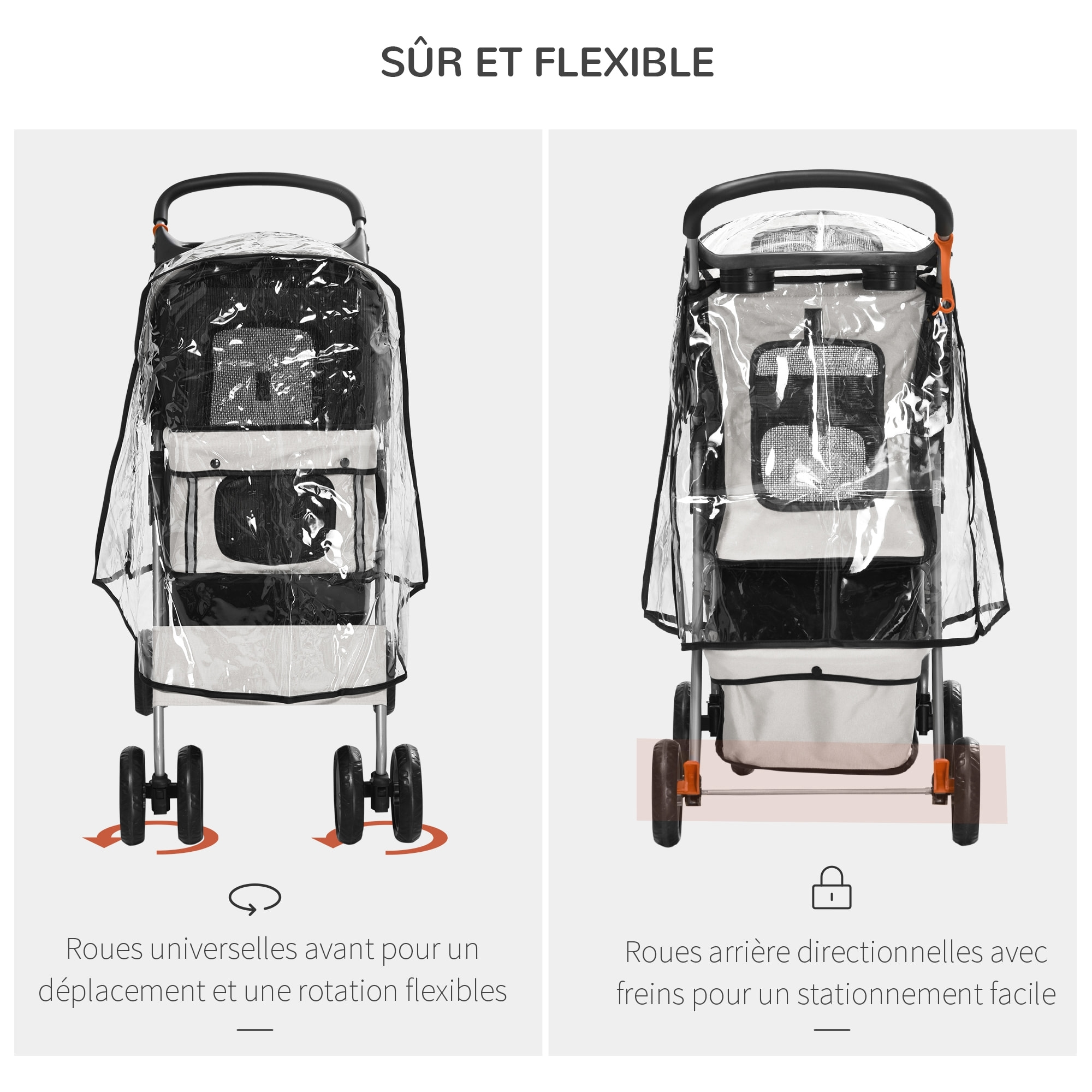 Poussette buggy pliable animaux chariot pliant chien chat porte-gobelet panier de rangement inclus roues avec frein tissu 600D Oxford métal gris