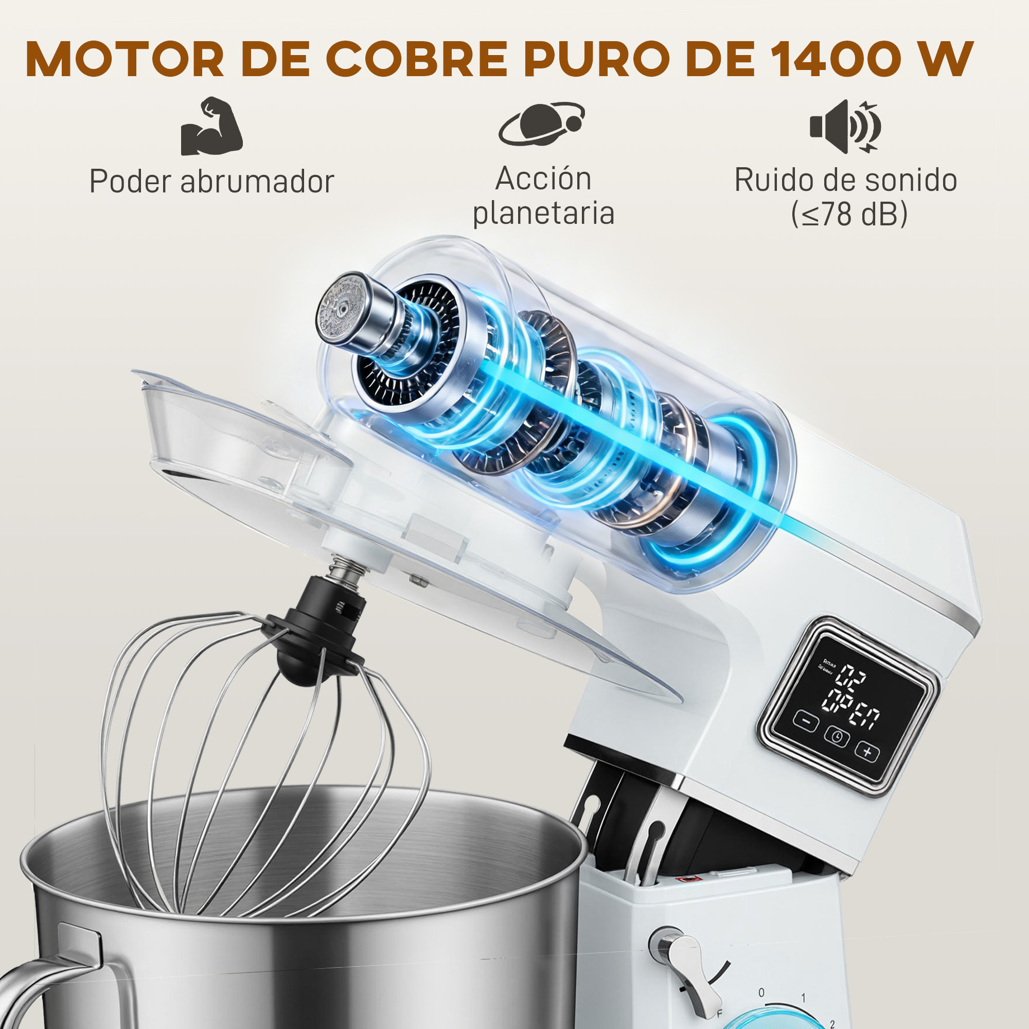 Batidora Amasadora 6L, Amasadora de Pan 1400W, 6 Velocidades, LED, Fermentación, Bol de Acero Inoxidable, Batidor, Gancho, Varilla, Protector contra Salpicaduras, Blanco