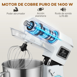 Batidora Amasadora 6L, Amasadora de Pan 1400W, 6 Velocidades, LED, Fermentación, Bol de Acero Inoxidable, Batidor, Gancho, Varilla, Protector contra Salpicaduras, Blanco