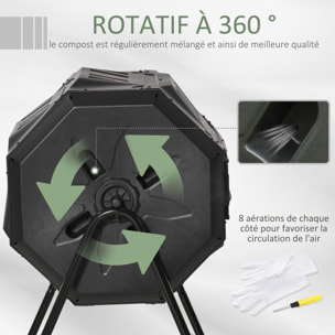 Composteur de jardin - bac à compost pour déchets - rotatif 360° - double chambre 160 L - acier PP noir