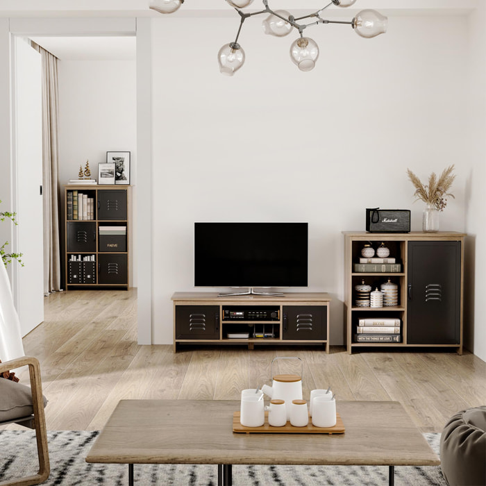 Meuble TV banc TV design industriel - 2 placards, 2 niches, 2 passe-fils - panneaux particules aspect bois veinage portes métal noir