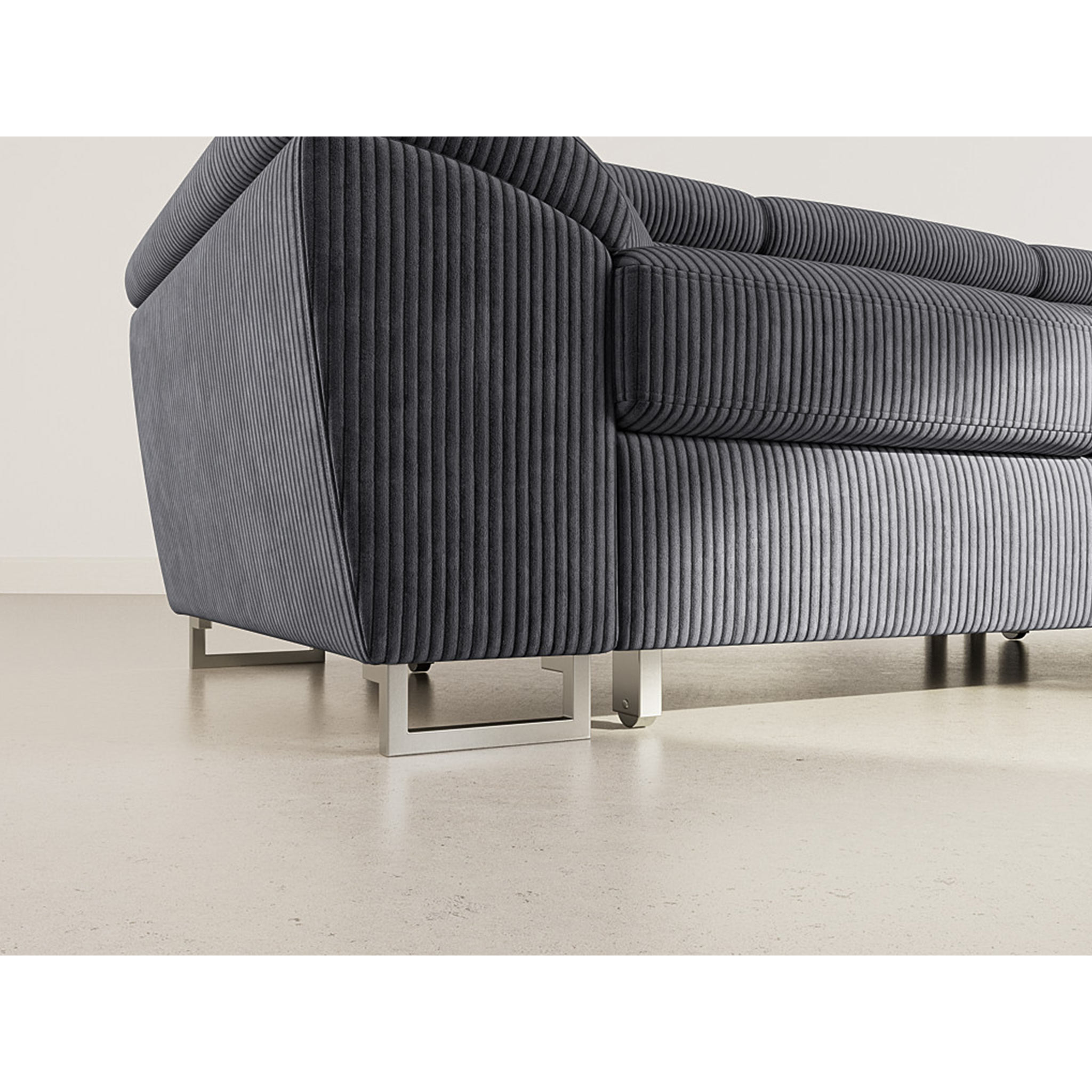 Baoji - Canapé d'angle droit 5 places convertible avec têtières et coffre en velours côtelé - Gris
