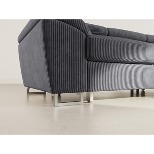 Baoji - Canapé d'angle droit 5 places convertible avec têtières et coffre en velours côtelé - Gris