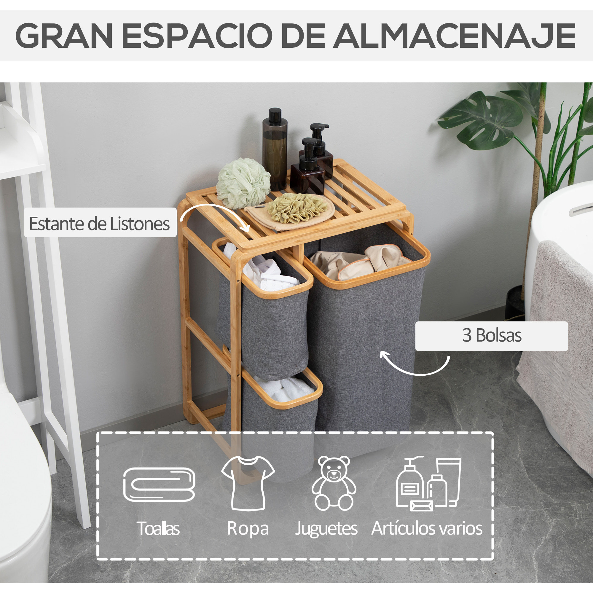 Cesto para Ropa Sucia de Bambú con 3 Bolsas de Tela Extraíbles 50x32x69,7 cm