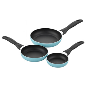 set de batería de cocina de 5pc en acero inoxidable + 3 sartenes ø16ø20ø24cm azul mate en aluminio prensado
