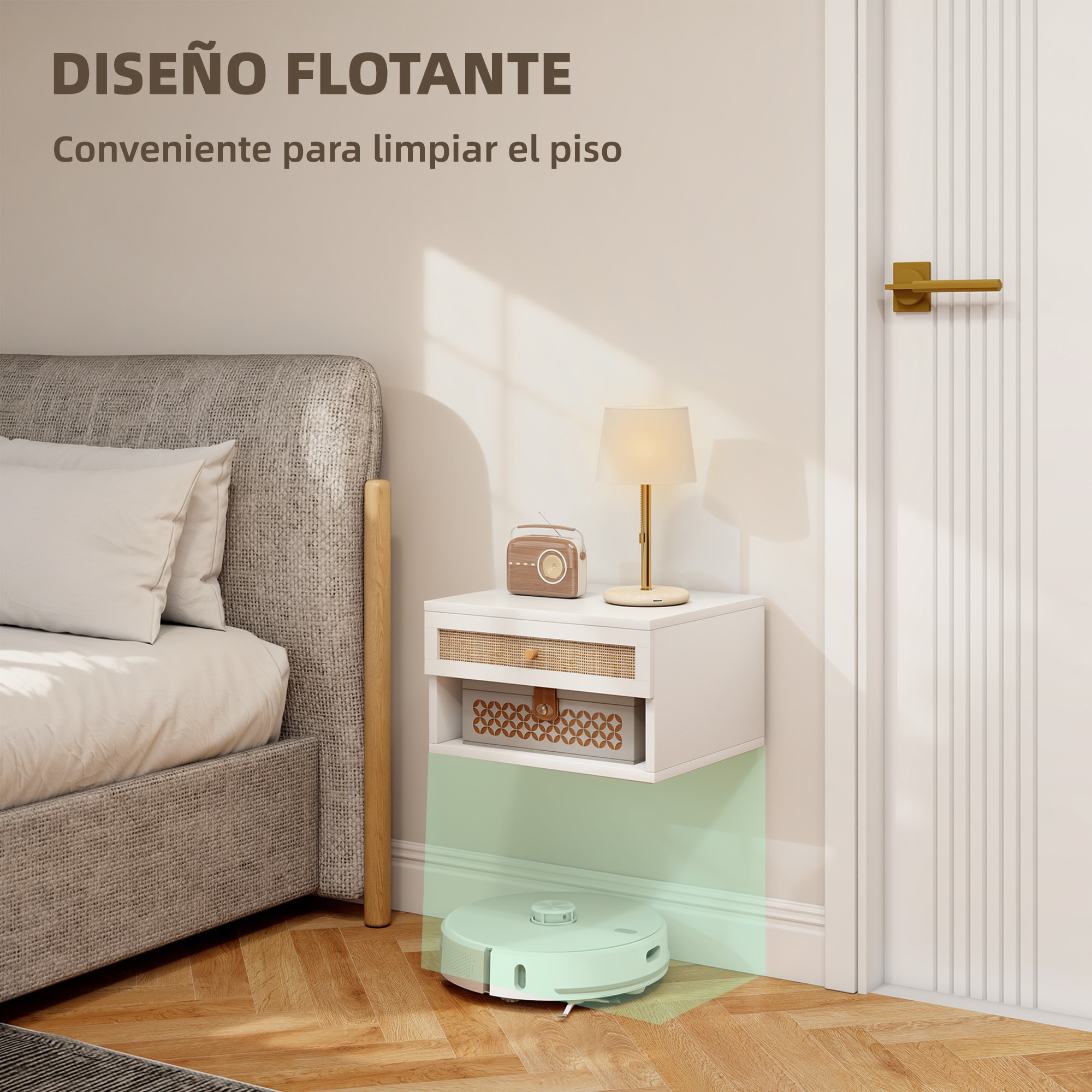 Juego de 2 Mesitas de Noche Flotantes de Pared con Cajón de Ratán y Estante Abierto, Mesillas de Noche Dormitorio de Estilo Nórdico, para Sala de Estar, 40x34x23 cm, Blanco