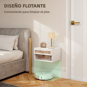 Juego de 2 Mesitas de Noche Flotantes de Pared con Cajón de Ratán y Estante Abierto, Mesillas de Noche Dormitorio de Estilo Nórdico, para Sala de Estar, 40x34x23 cm, Blanco