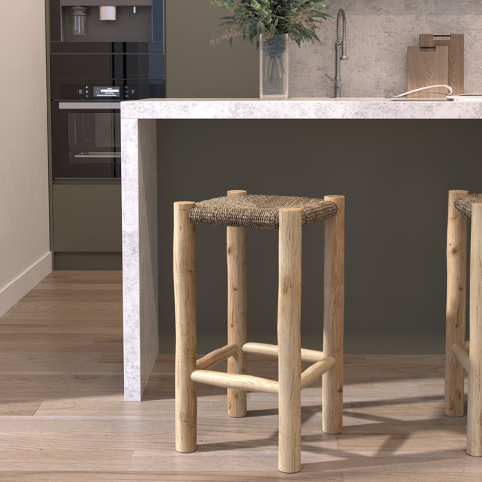 Tabouret pour îlot central 65 cm en jonc de mer et teck - Jovan
