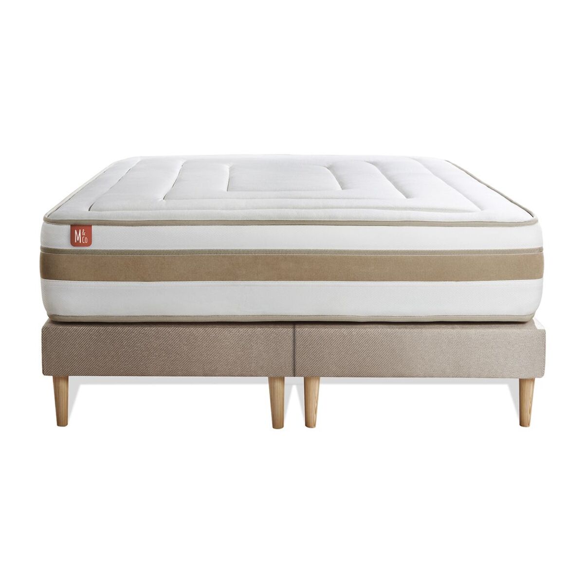 Ensemble Matelas Le Raffiné - 26cm - Ressorts ensachés et mémoire de forme - Confort haut de gamme, impact réduit. - Sommier Tapissier Beige