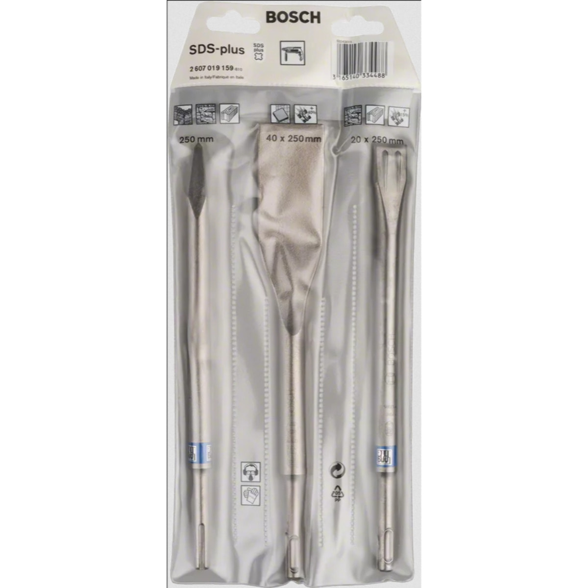 Set de 3 burins BOSCH LongLife Pointu, Plat et Bêche - SDS-Plus - 2607019159