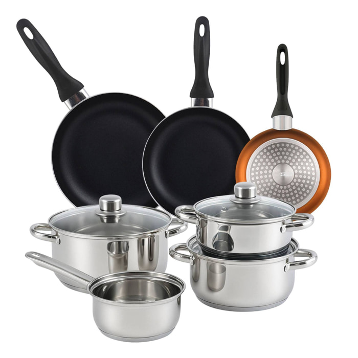 set de batería de cocina de 7pc en acero inoxidable + 3 sartenes ø16ø20ø24cm bronce metalizado en aluminio prensado