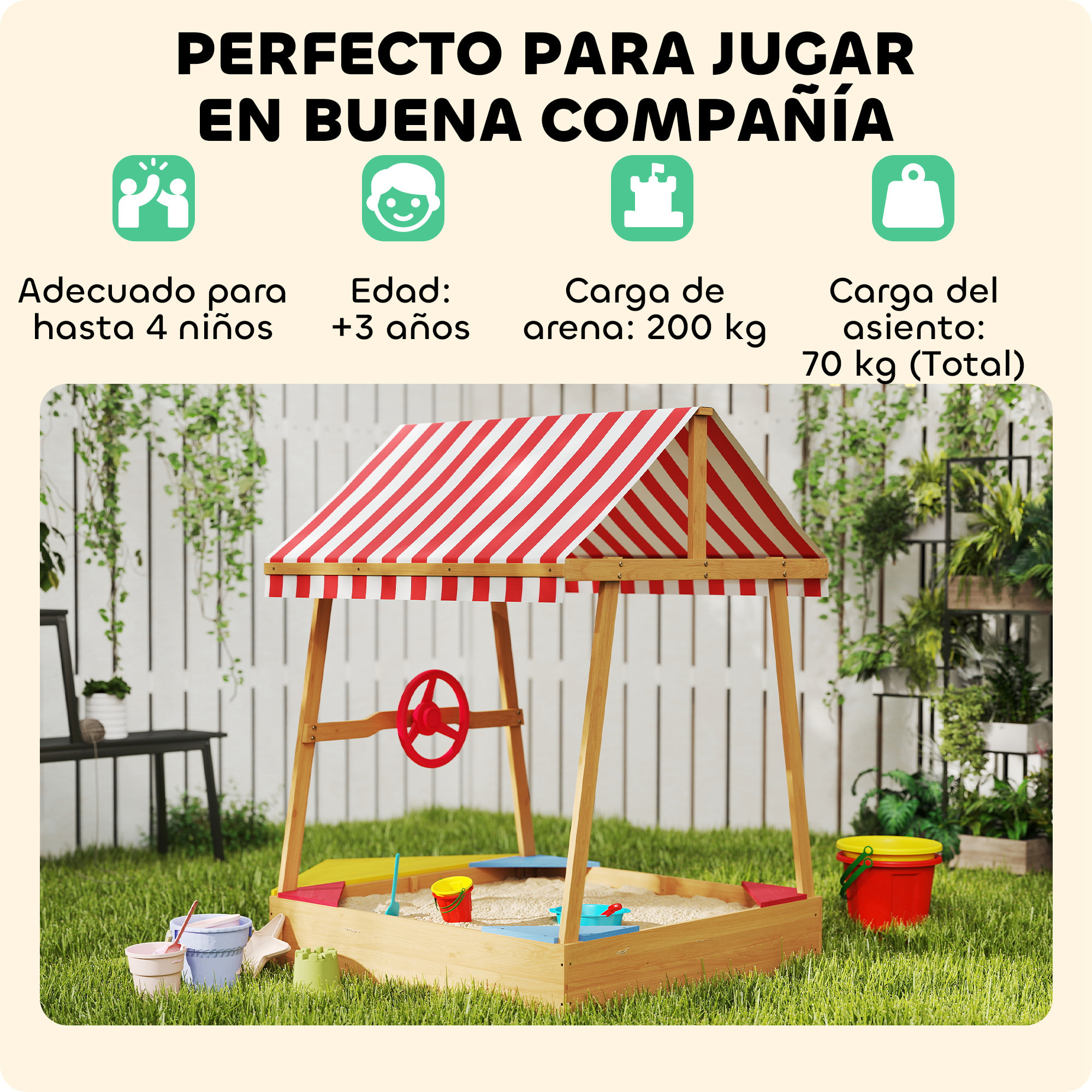 Arenero para Niños de +3 Años Arenero Infantil en Forma de Barco con Toldo y Asientos Arenero para Exterior 133x101x141 cm Natural