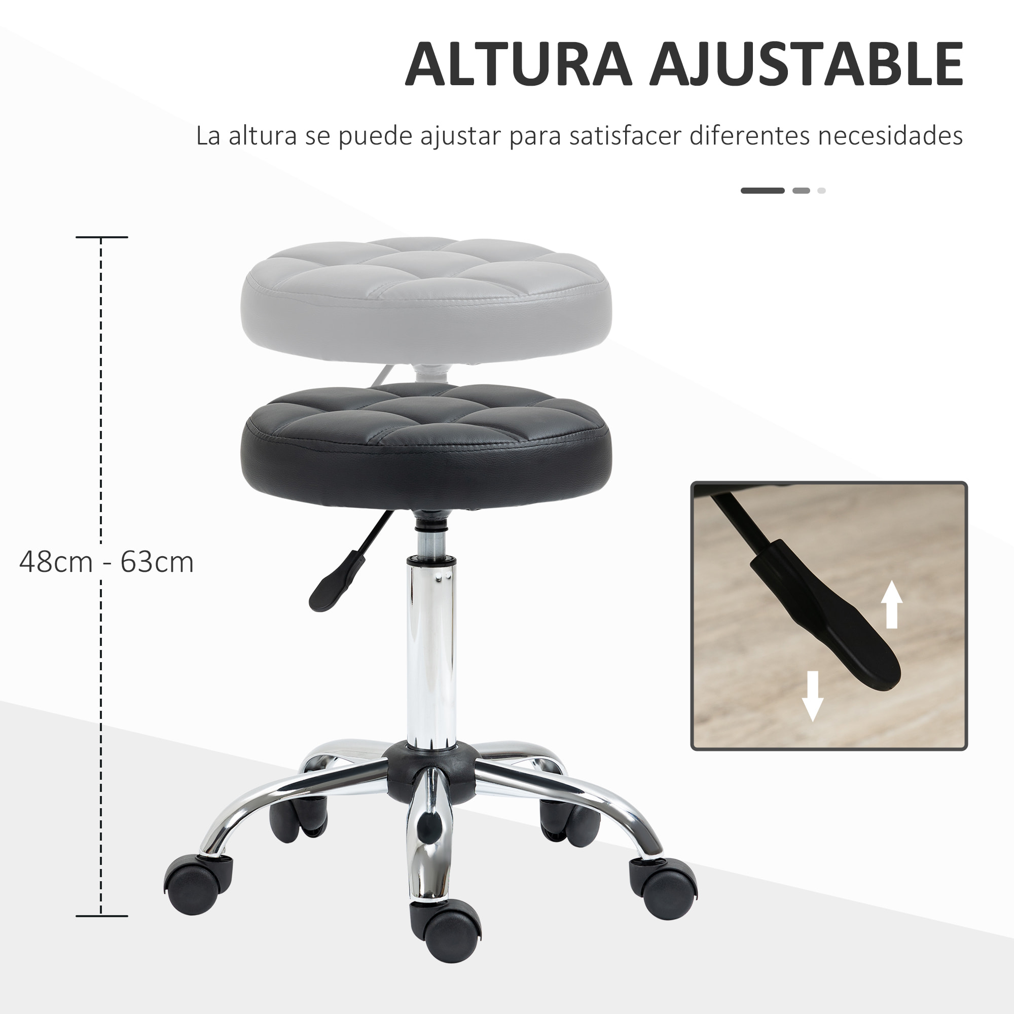 Taburete Giratorio con Ruedas Regulable en Altura de 48-63 cm Taburete de Trabajo Tapizado en Cuero PU para Peluquería Cosmética Dentista Diámetro Ø35,5 cm Negro