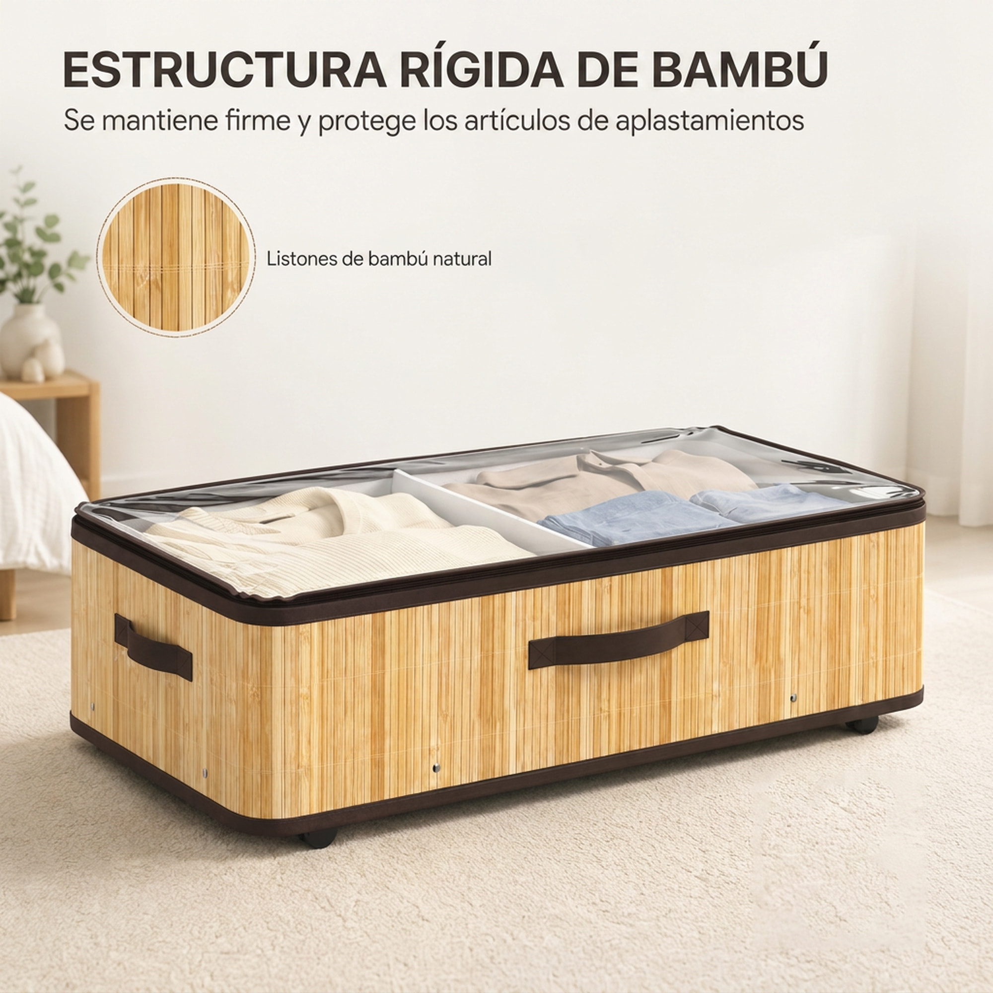 Juego de 2 Cajas de Almacenaje Bajo Cama con Ruedas, 60L, Organizador Zapatos Debajo Cama de Bambú con Tapa Transparente y Asa, Marco Metálico, para Zapatos, Mantas, Juguetes, Natural