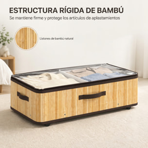 Juego de 2 Cajas de Almacenaje Bajo Cama con Ruedas, 60L, Organizador Zapatos Debajo Cama de Bambú con Tapa Transparente y Asa, Marco Metálico, para Zapatos, Mantas, Juguetes, Natural