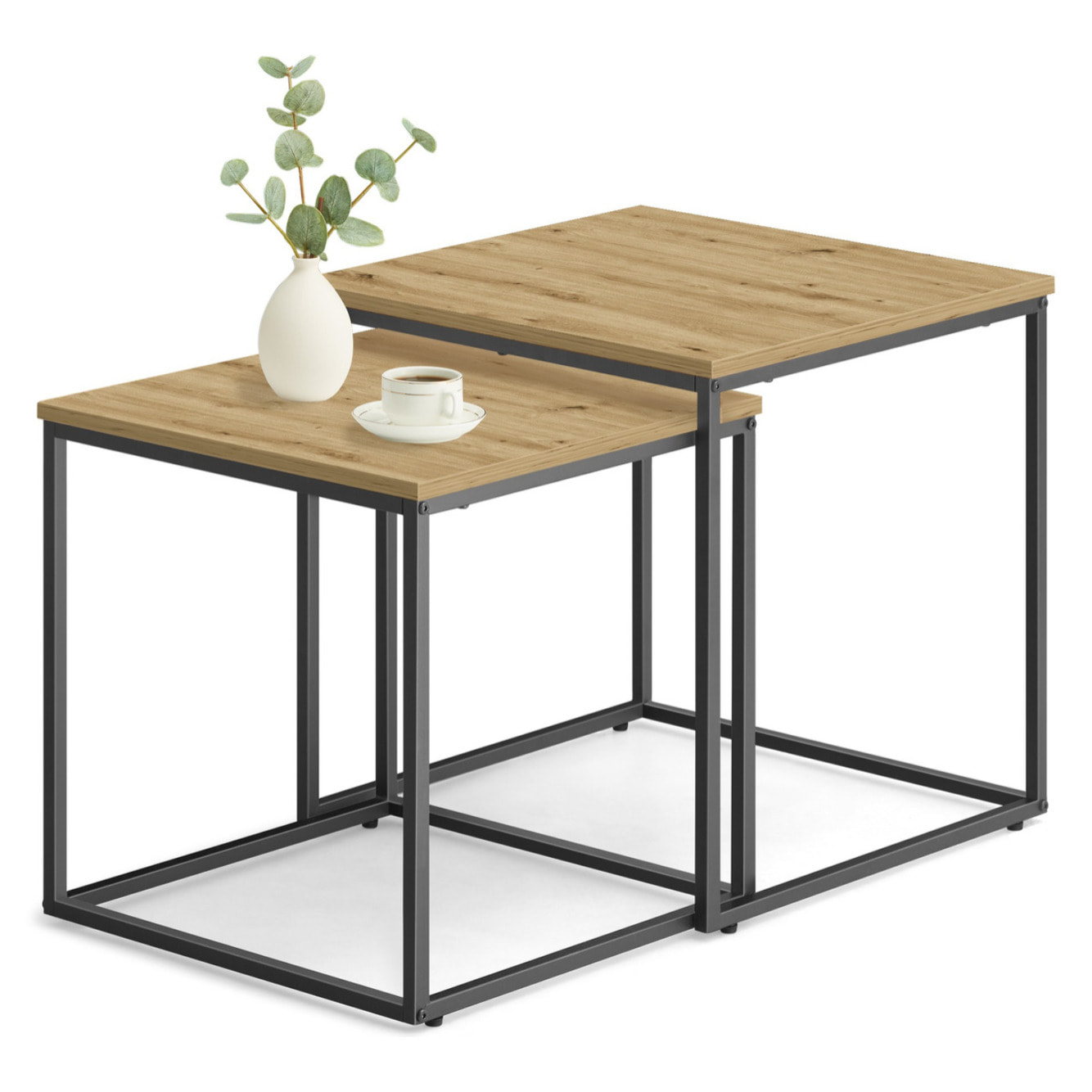 Set di 2 tavolini da salotto Nesting rovere e metallo nero