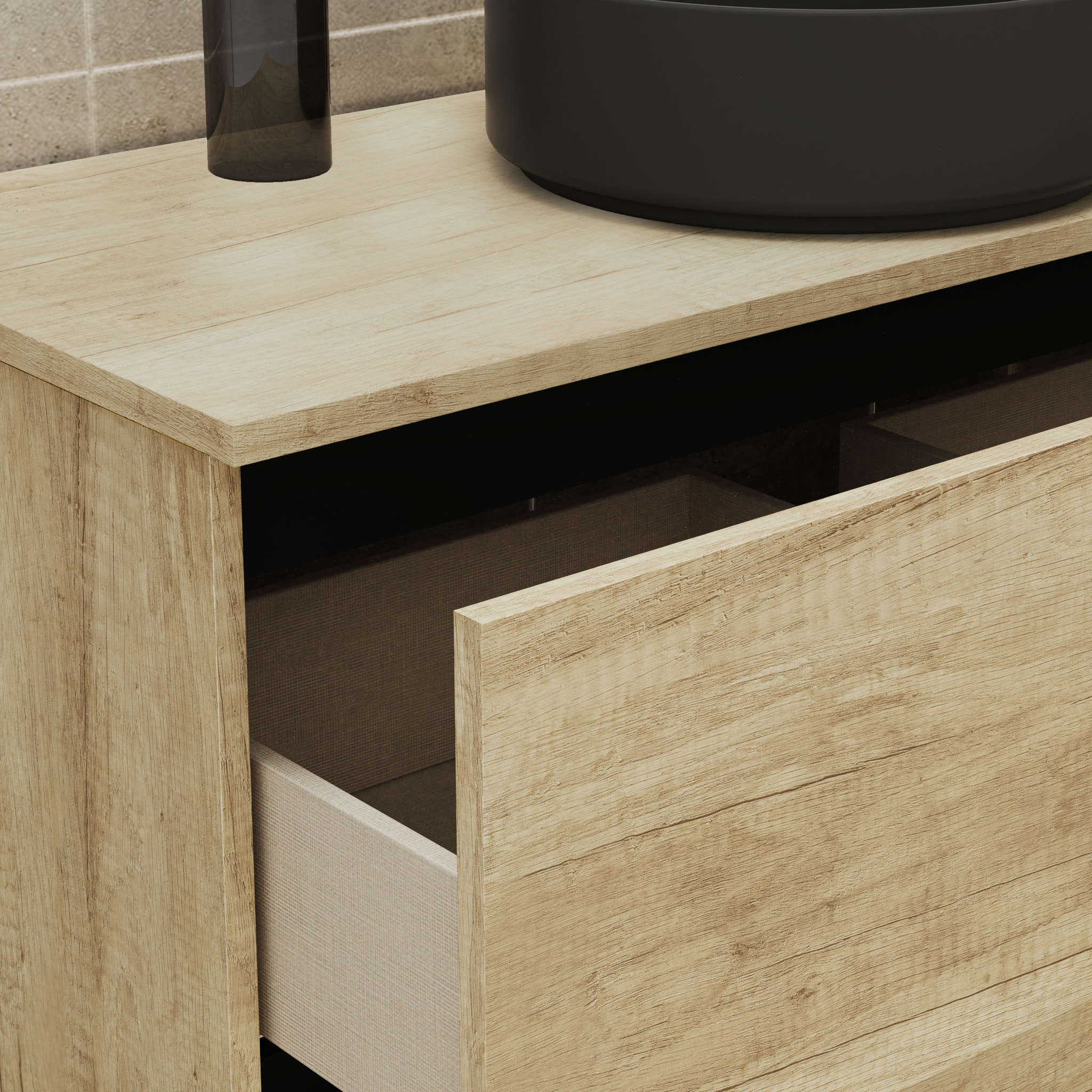 Conjunto de Baño Gloom | Mueble de Baño Suspendido | 90 cm Nature| Dos Cajones | Lavabo sobre Encimera | Mueble Montado | Alday