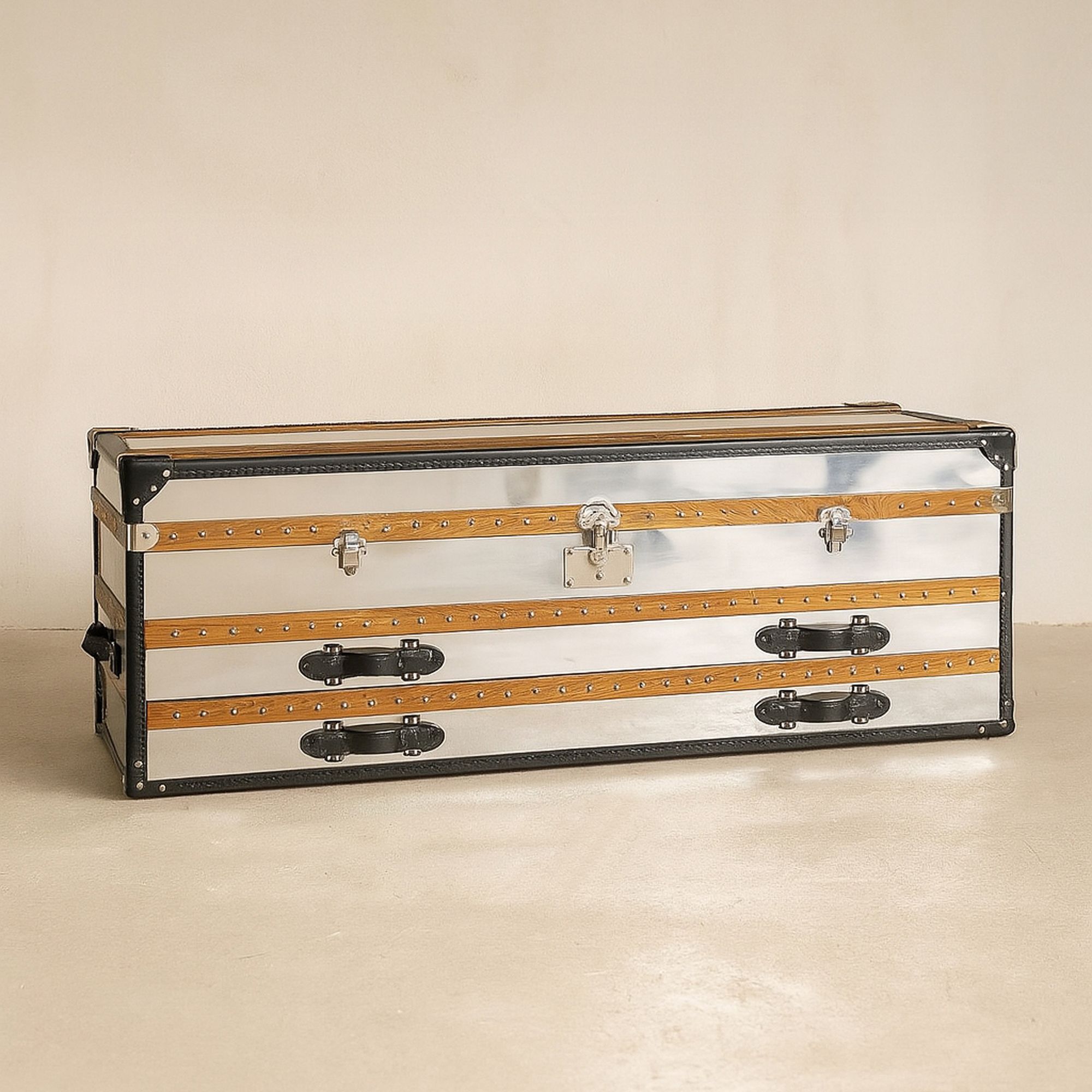 Commode basse 1 coffre 2 tiroirs en acier inoxydable et cuir ILIADE