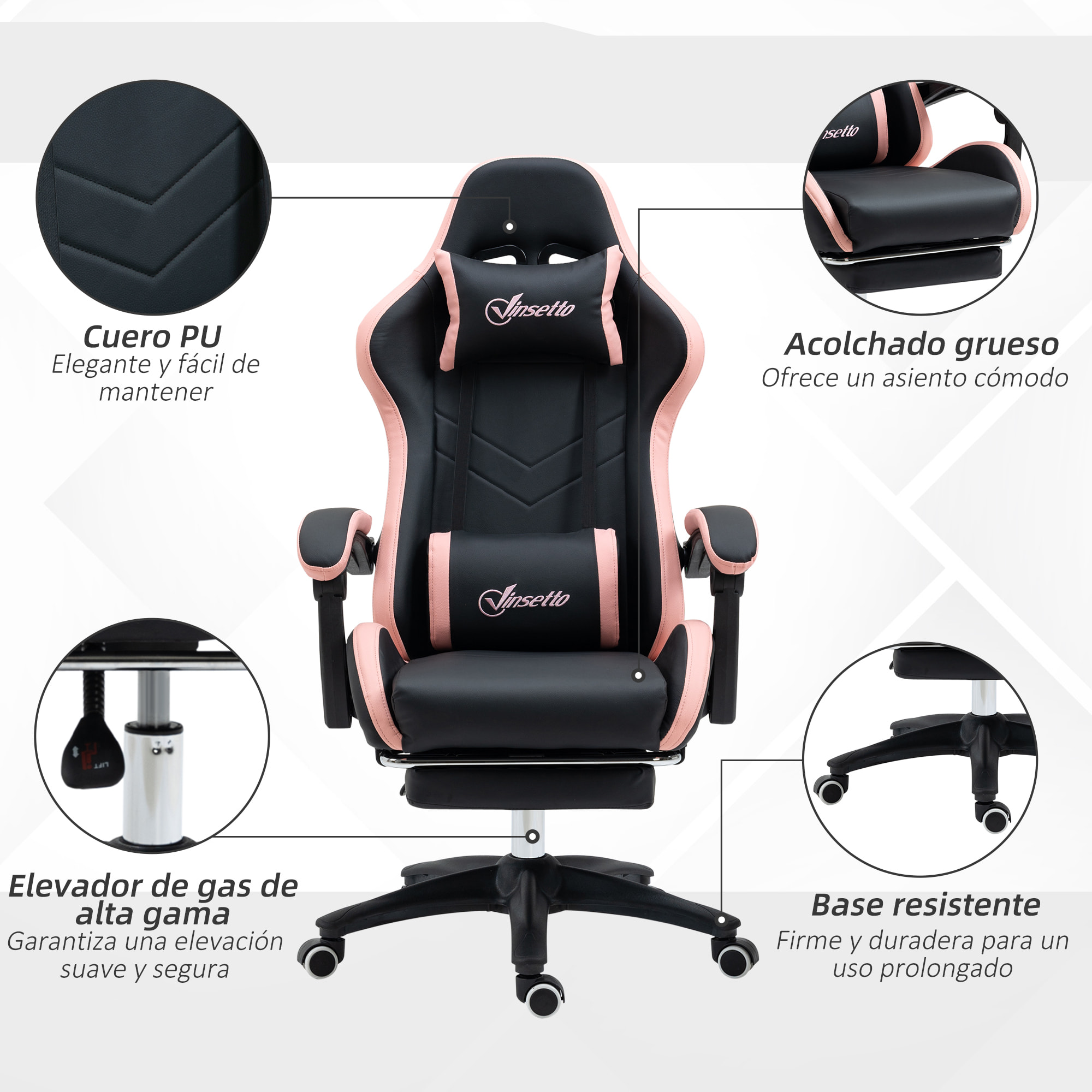 Silla Gaming Silla Gamer Racing de Cuero PU con Altura Ajustable Reclinable 135° Reposacabezas y Reposapiés Retráctil para Oficina Estudio 65x65x121-129 cm Negro