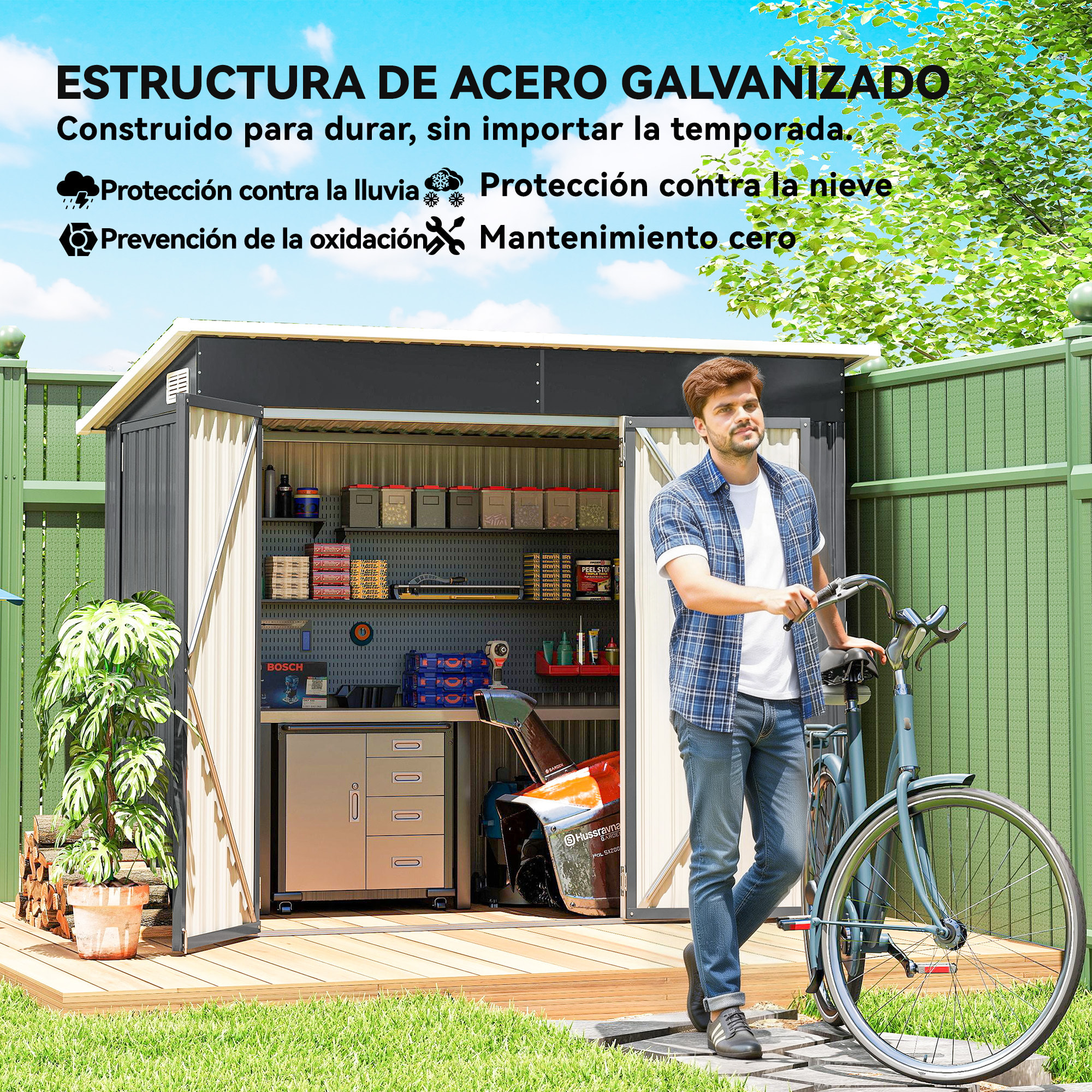 Caseta de Jardín Exterior 2,7 m², 234x132x185 cm, Cobertizo de Jardín Exterior Metálico con Triple Puerta, Cerradura, Techo Inclinado y Ventilación para Almacenamiento de Herramientas, Gris