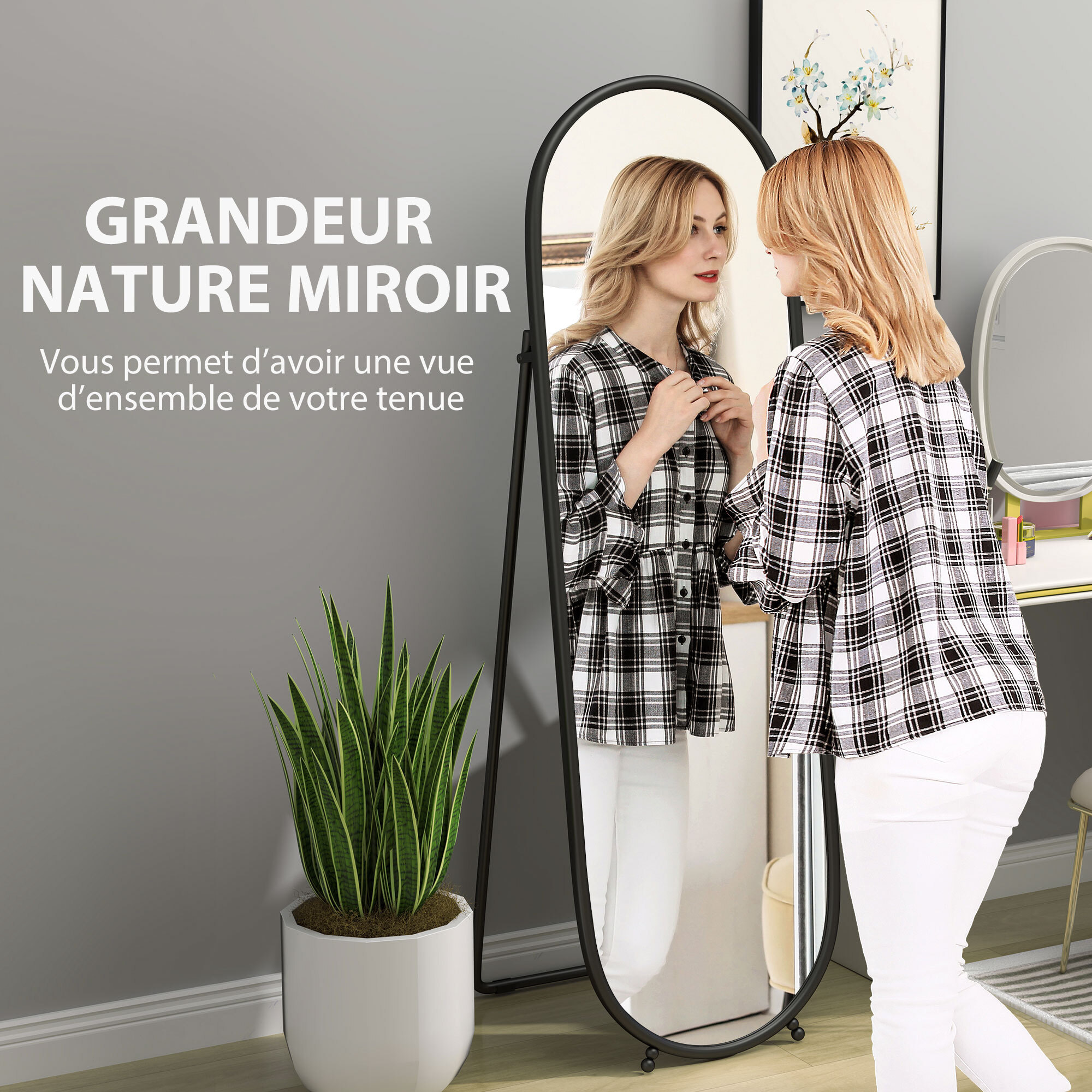 Grand miroir sur pied - miroir mural ovale avec support - dim. 40L x 160H cm - métal noir