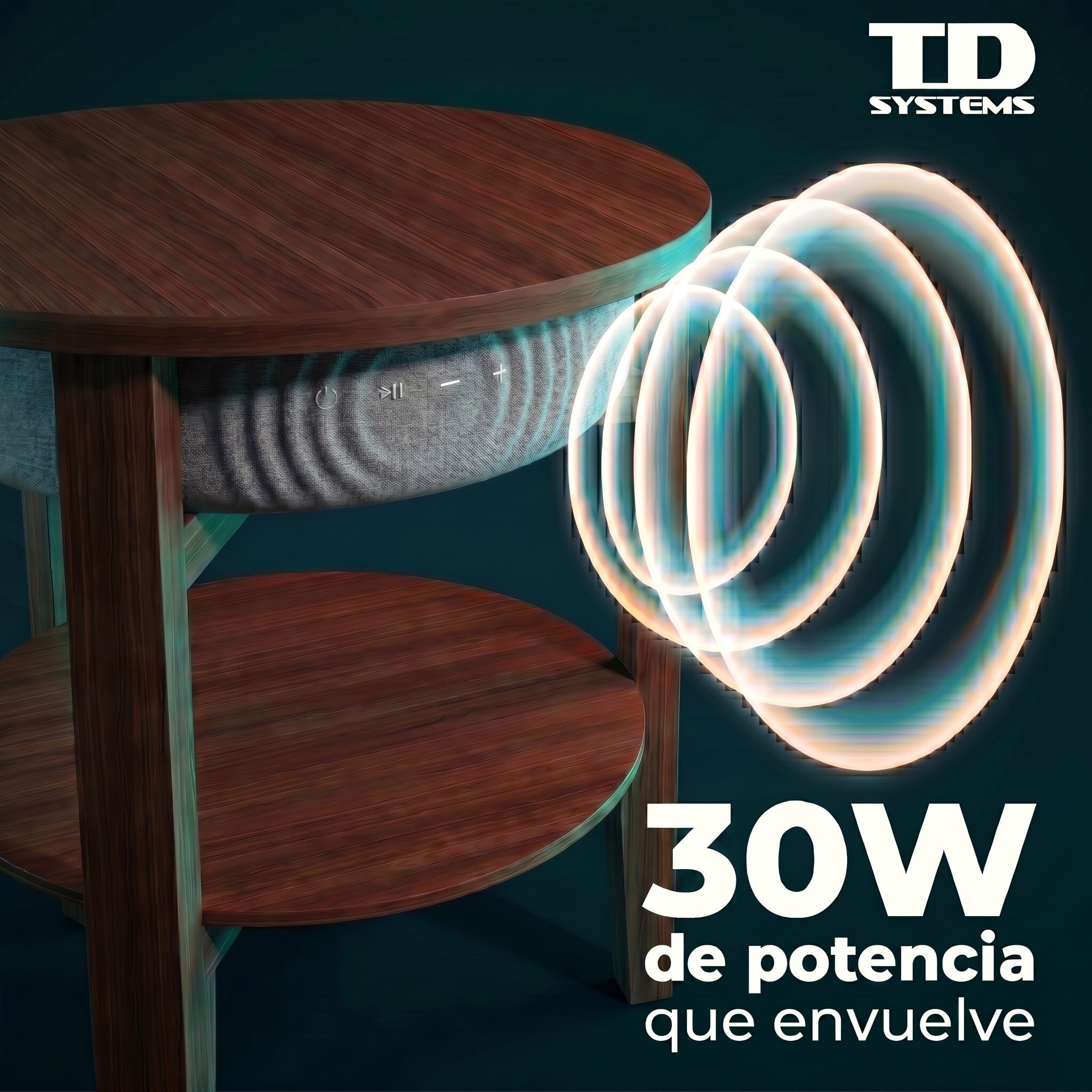 Mesa auxiliar altavoz portátil con sonido de 30W, Bluetooth, base de carga inalámbrica, batería de 2200mAh. Mesilla o mesita para dormitorio o sala de estar - TD Systems SM30B11WR8B [Madera roble]