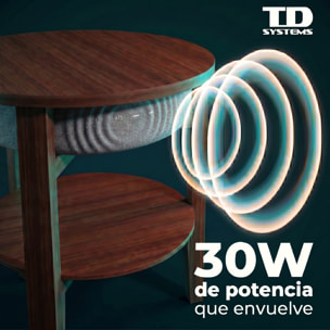 Mesa auxiliar altavoz portátil con sonido de 30W, Bluetooth, base de carga inalámbrica, batería de 2200mAh. Mesilla o mesita para dormitorio o sala de estar - TD Systems SM30B11WR8B [Madera roble]