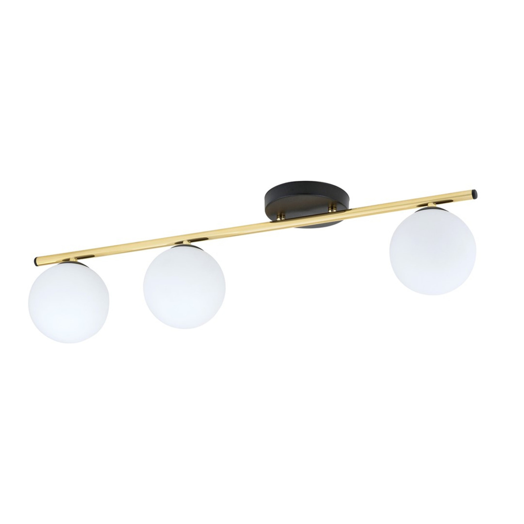 Lampada da soffitto Monza in acciaio nero e oro con sfere in vetro opalino