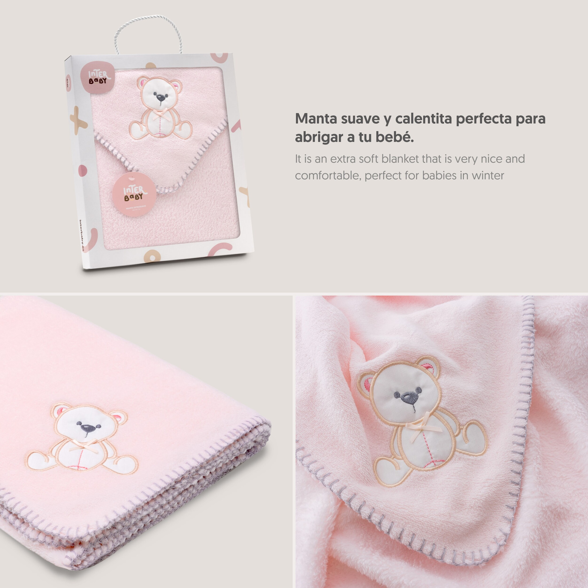 Manta Bordada Oso Lazo Rosa