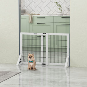 Barrière de sécurité pour chien, barrière de protection à 2 panneaux largeur réglable 63-106L x 44l x 67H cm, barrière pour escalier, porte, couloirs, en bois de pin et acier, blanc