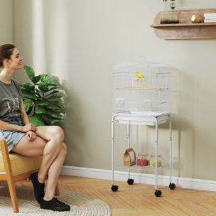 Jaula para Pájaros, Jaula Grande con Ruedas, Estante de Almacenaje, Puertas, 2 Comederos, 2 Perchas, Columpio, Bandeja Extraíble y Asa, para Loro, Canario, Periquito, 46,5x36x124 cm, Blanco