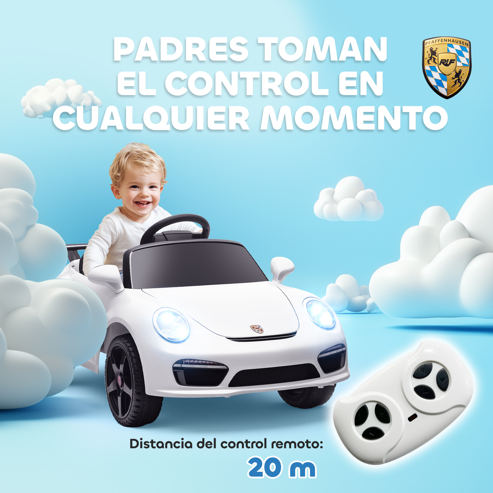 Coche Eléctrico para Niños con Licencia RUF CTR 3 Clubsport, Coche de Batería 12V, con Mando a Distancia 2,4 G, Motor Doble, Música Inalámbrica, Bocina, Ruedas Auxiliares y Faros LED, Blanco