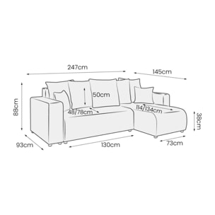 GLORIA - Canapé d'angle droit convertible 4 places en tissu gris foncé