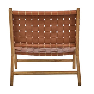 Chaise relax lounge en bois de teck et sangles croisées en cuir - PIOU