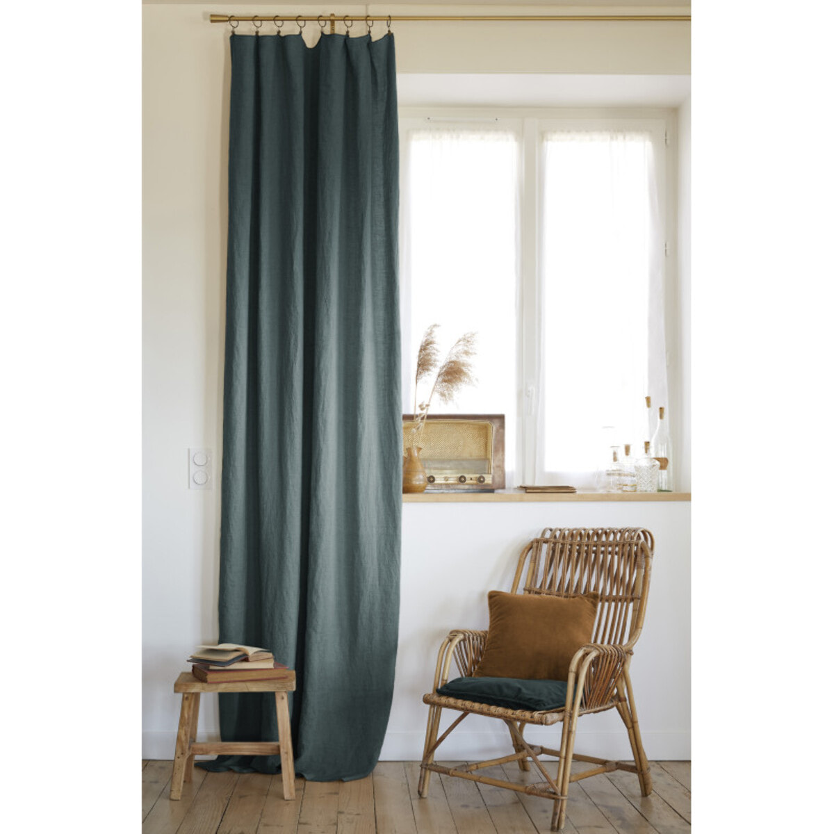 Rideau ajustable + 8 anneaux pince "Soline" 140 x 270 cm Lin lavé - Couleur: Soline Ardoise