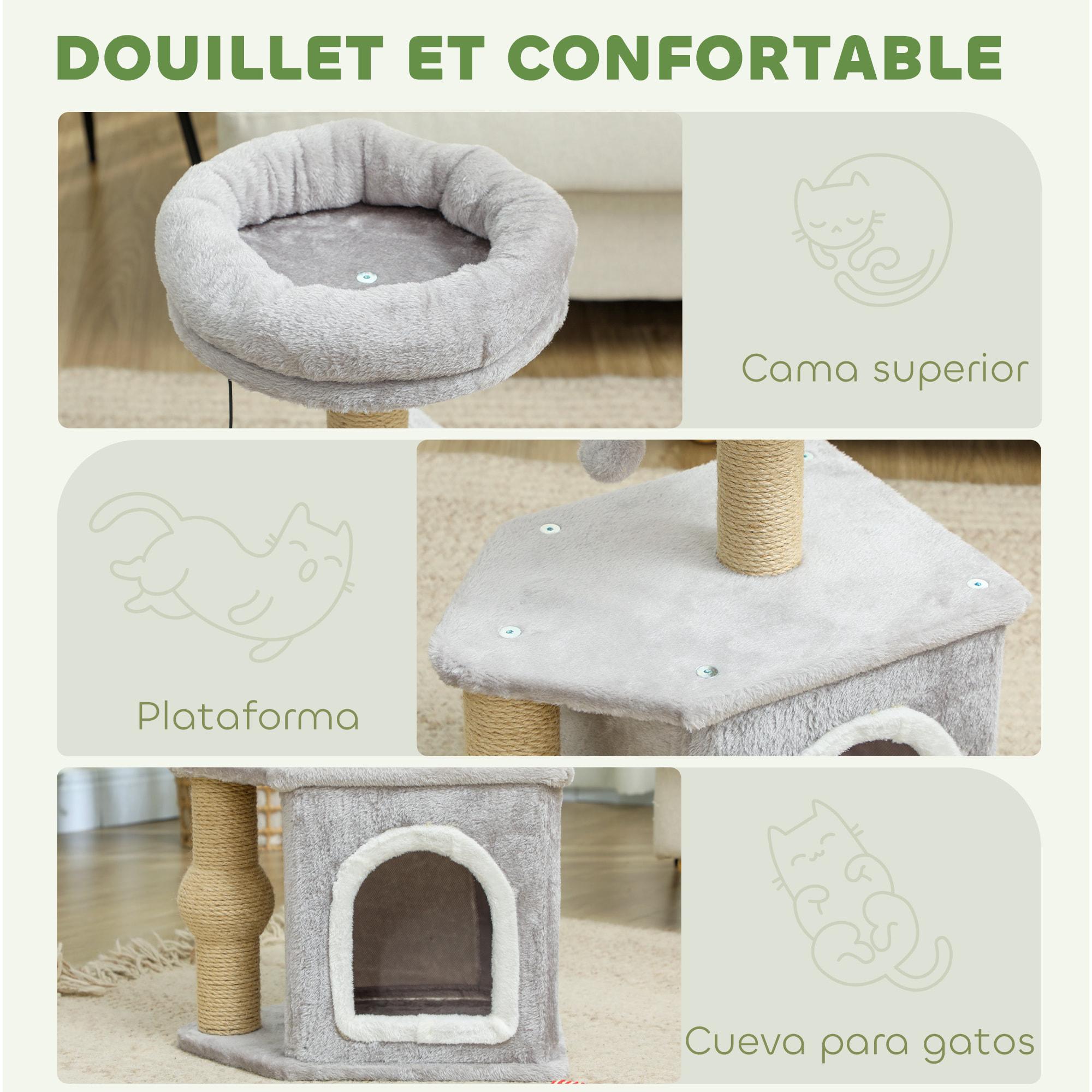 Árbol Rascador para Gatos Altura 66 cm Árbol para Gatos Torre para Gatos con Cama Cueva Plataforma Bola Colgante y Poste de Yute Gris Claro