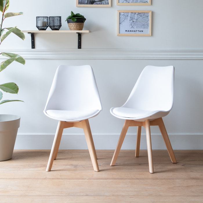 Lot de 2 chaises scandinaves NORA blanches avec coussin
