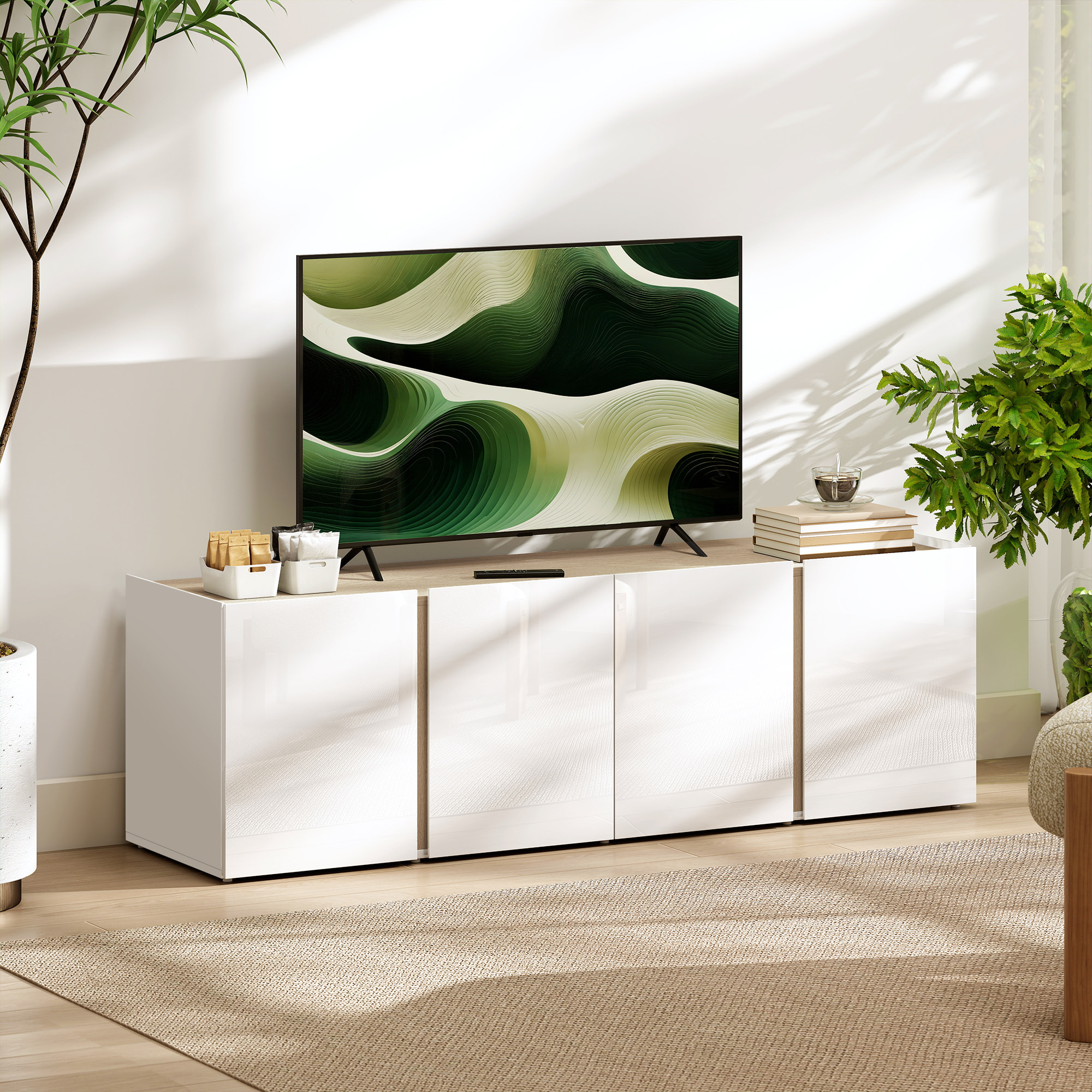 Meuble TV 135 cm, meuble télé pour téléviseur jusqu'à 65 pouces avec 4 portes à fermeture amortie, étagère réglable et passe-câbles, banc TV pour salon, chambre à coucher, blanc