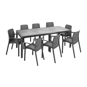 Set salotto da esterno Arret, Salottino outdoor, Tavolo rettangolare allungabile con 8 sedie con braccioli, Made in Italy, Antracite
