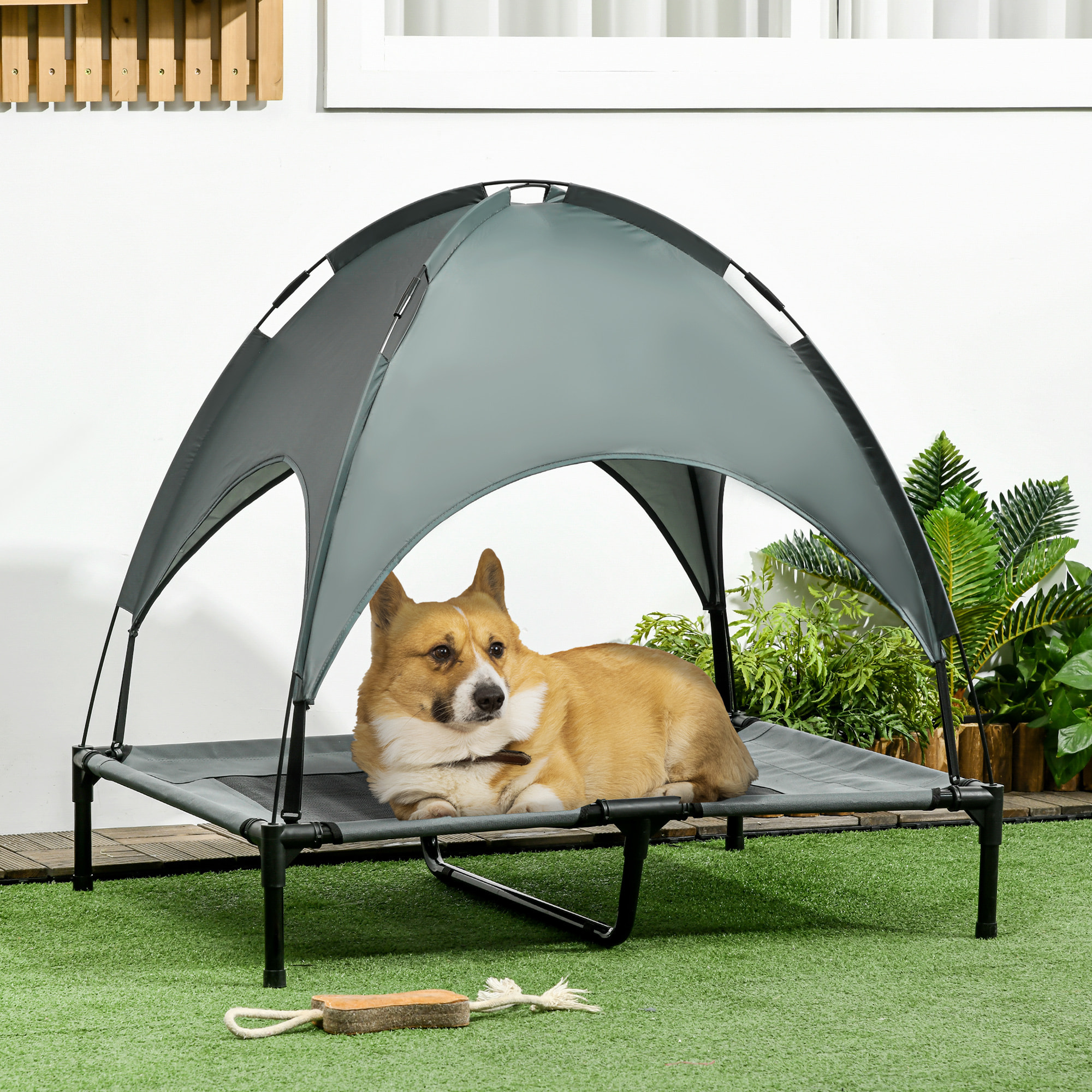 Cama Elevada para Mascotas Portátil con Toldo Extraíble Exterior 92x76x90 cm