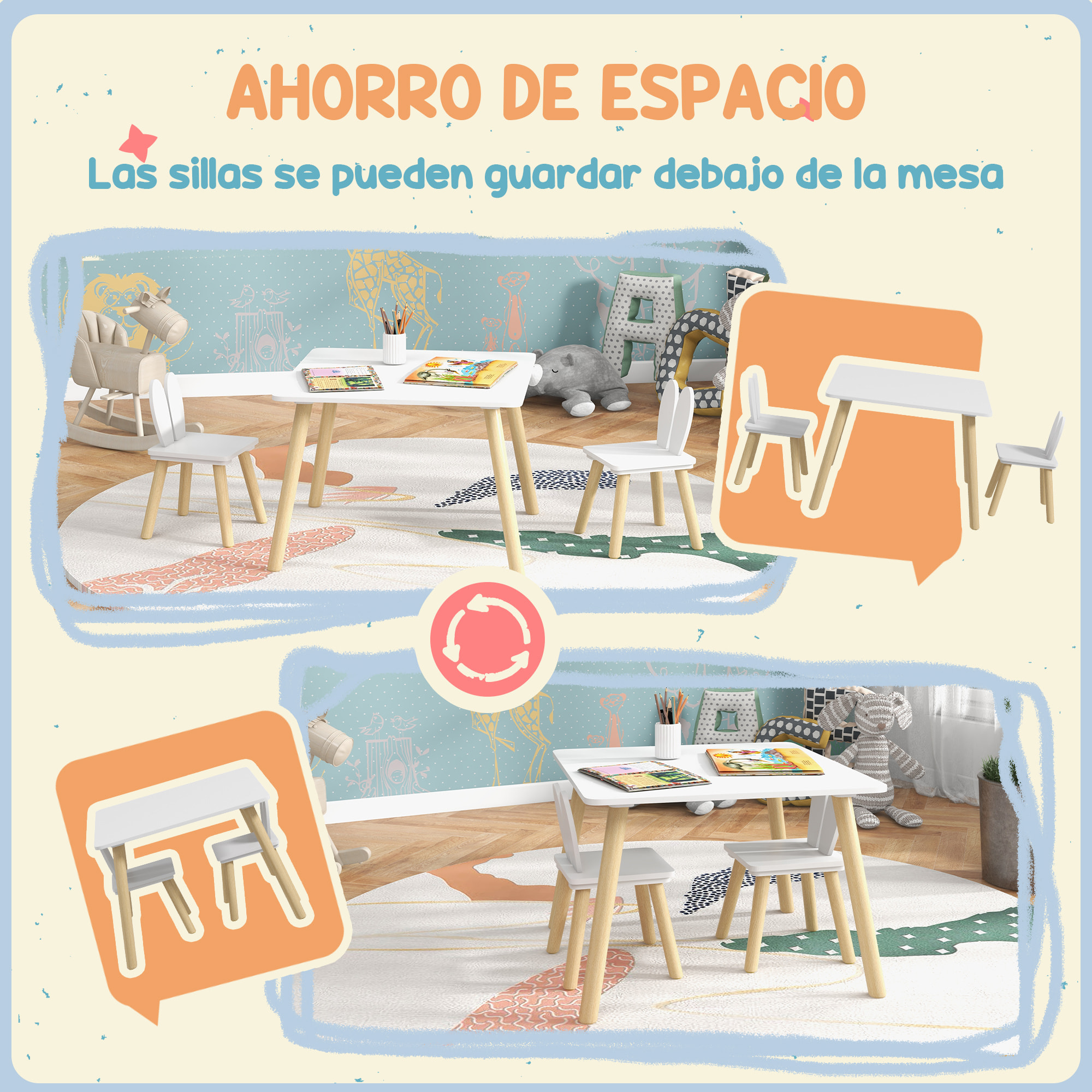 Juego de Mesa y 2 Sillas Infantiles Mesa Infantil con Sillas Respaldos con Orejas de Conejo Mesa Infantil para Guardería Sala de Juegos Blanco