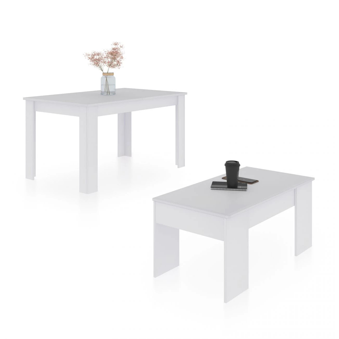 Pack mesa de comedor 140 y mesa de centro Vita Blanco Artik (Blanco Mate)