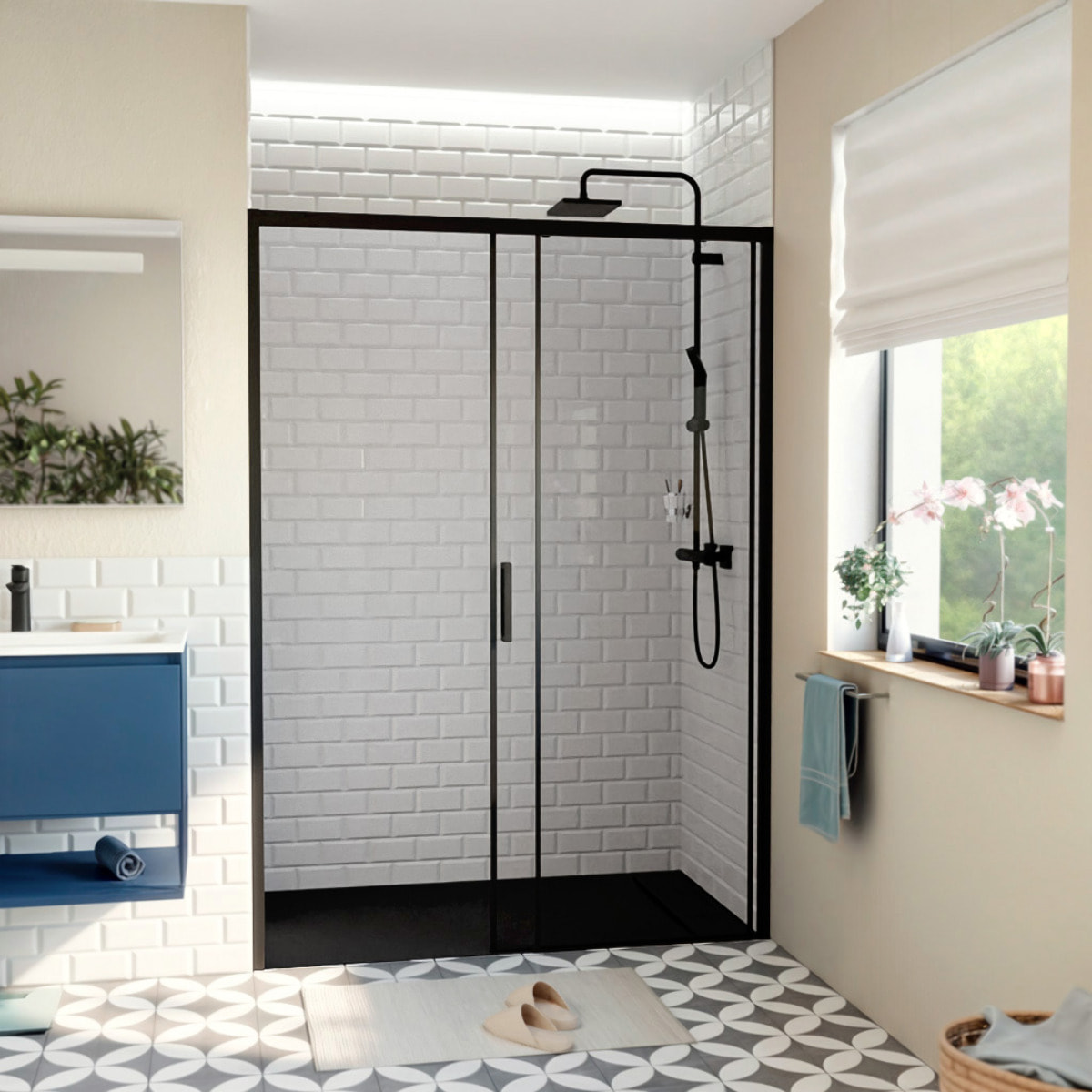 TEX BB Porte de douche 140x195cm coulissante anticalcaire avec profilés noir mat  (TEXDBB140CT-SET)