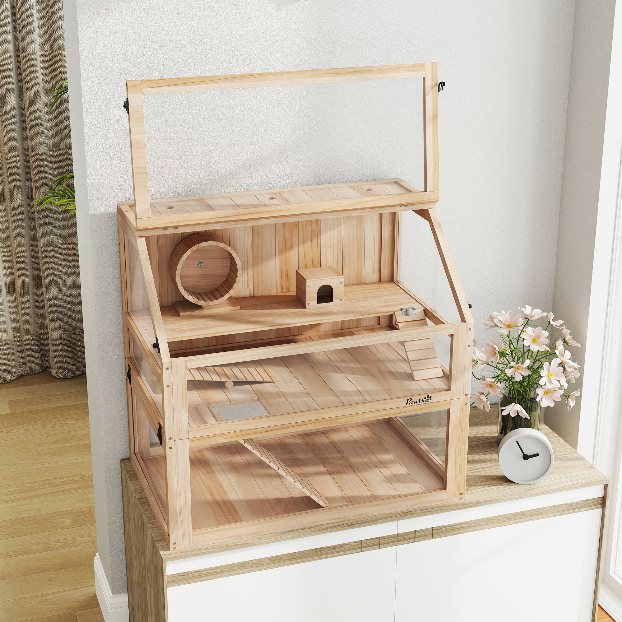 Cage rongeur hamster en bois dim.80x50x76cm 3 niveaux rampes roue bascule cabane