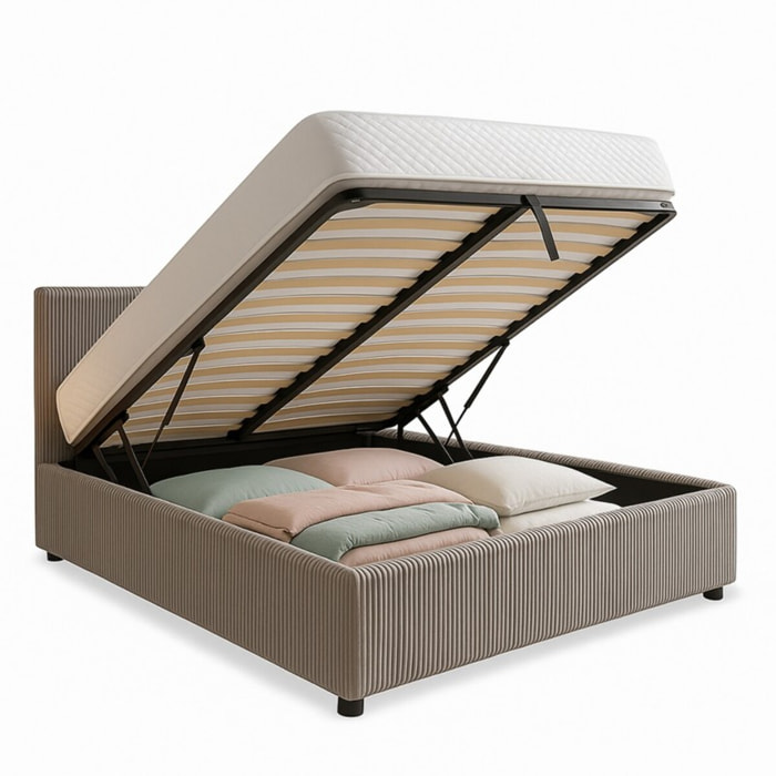 Lit coffre Colisée avec tête de lit | Robuste et confortable | Montage simple rapide | Velours Côtelé | Gris clair
