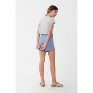 Conjunto niña 2 piezas Camiseta blanca algodón con nudo frontal y estampado cámara + Shorts Azul cintura elástica, bolsillos laterales, transpirable | Color: Azul | Street Monkey