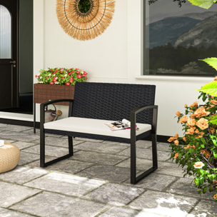 Banco de Jardín de Ratán Sintético de 2 Plazas Banco de Exterior con Cojín y Reposabrazos Carga 240 kg para Terraza Patio 103x58x78 cm Negro y Beige