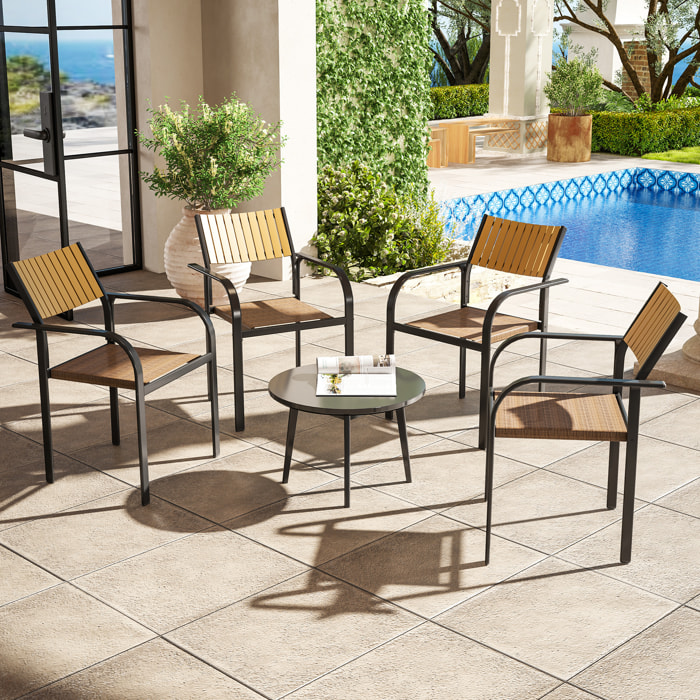 Juego de 4 Sillas de Jardín Exterior Sillas Terraza Exterior Apilables Sillón de Comedor con Tela Transpirable Marco de Acero Reposabrazos y Respaldo 58x65x85 cm Marrón