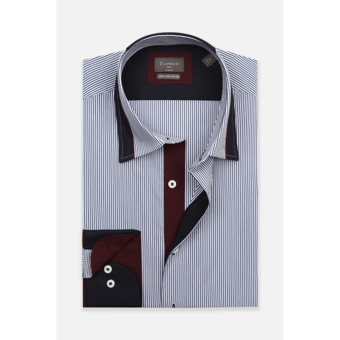 Camicia Uomo Italiano Slim Popeline Stretch Riga Media Bianco e Blu