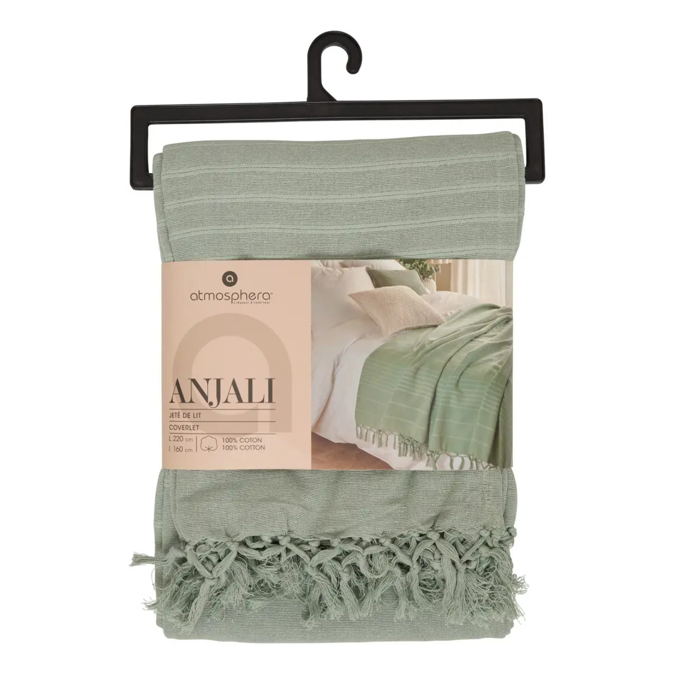 Jeté de lit Anjali 220x160 vert céladon en coton